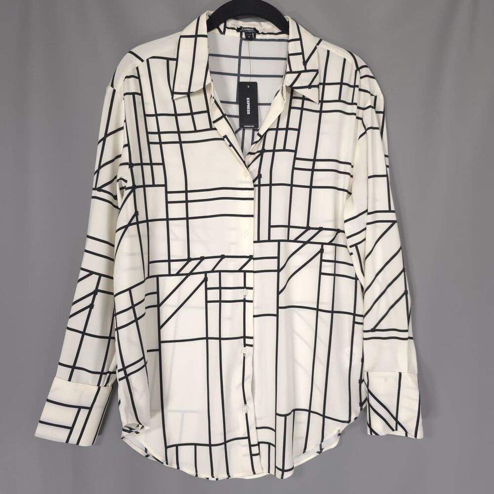 EXPRESS‎ New Women's Top Shirt XS Geometric Black Cream Boyfriend Portofino - Picture 3 of 11